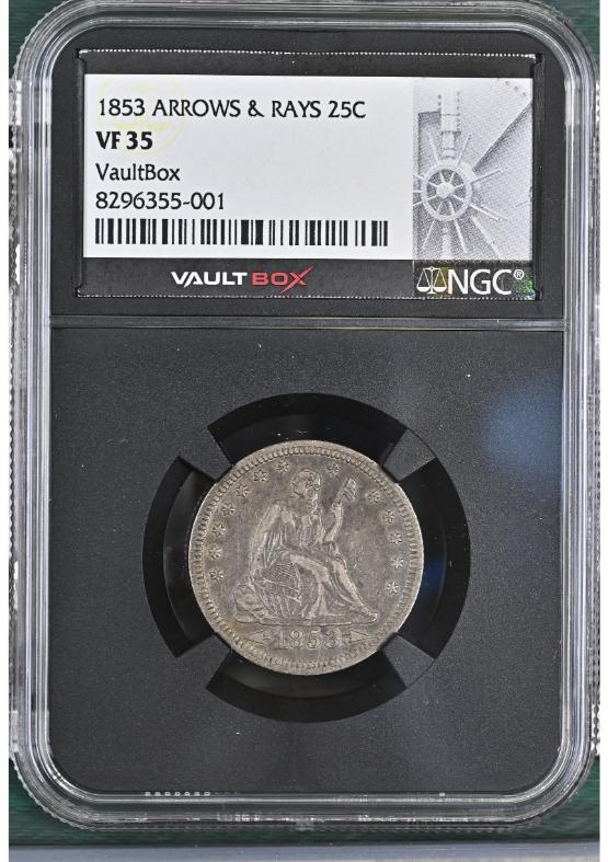 1853 ARROWS & RAYS 25C NGC VF35 FRONT