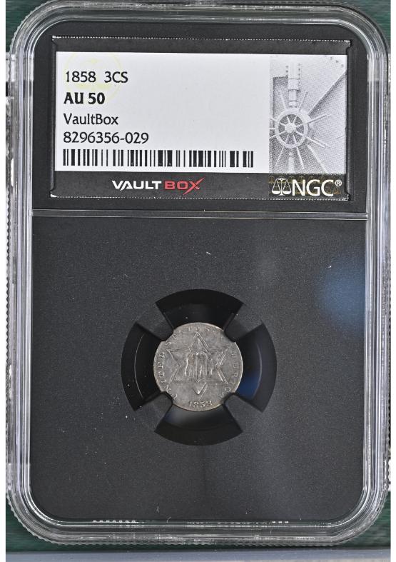 1858 3CS NGC AU50 FRONT