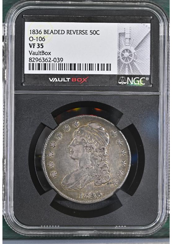 1836 BEADED REVERSE 50C O-106 NGC VF35 FRONT