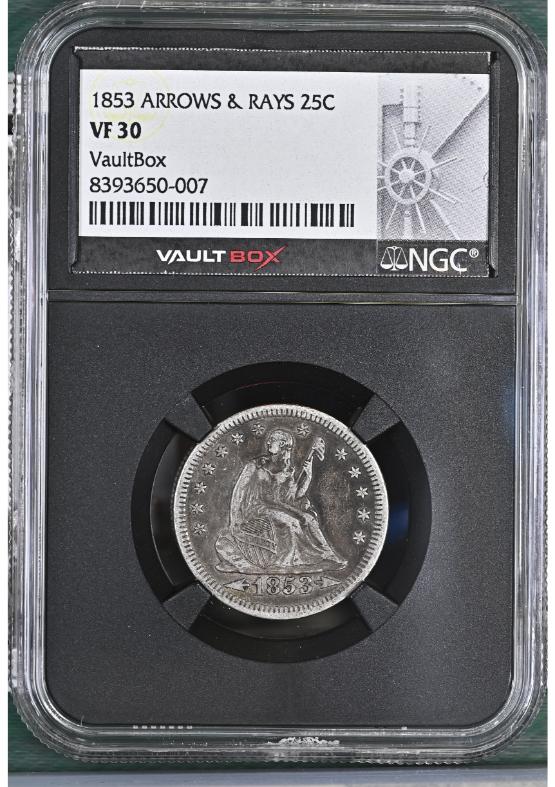 1853 ARROWS & RAYS 25C NGC VF30 FRONT
