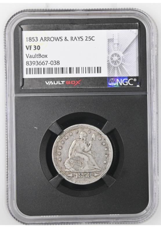 1853 ARROWS & RAYS 25C NGC VF30 FRONT
