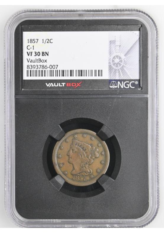 1857 1/2C C-1 NGC VF30BN FRONT