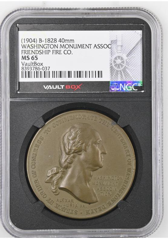 (1904) B-1828 40MM WASHINGTON MONUMENT ASSOC FRIENDSHIP FIRE CO. NGC MS65 FRONT