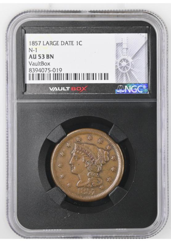 1857 LARGE DATE 1C N-1 NGC AU53BN FRONT