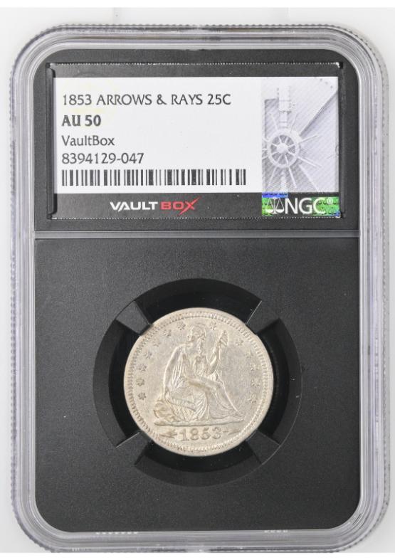 1853 ARROWS & RAYS 25C NGC AU50 FRONT