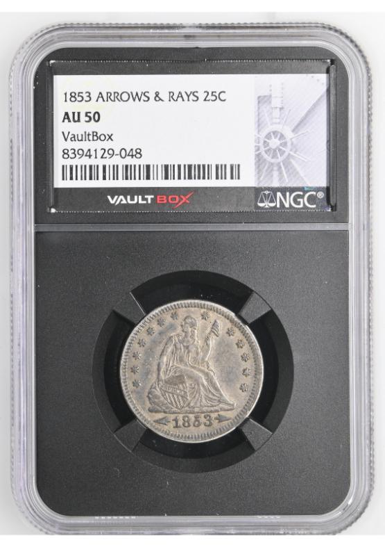 1853 ARROWS & RAYS 25C NGC AU50 FRONT