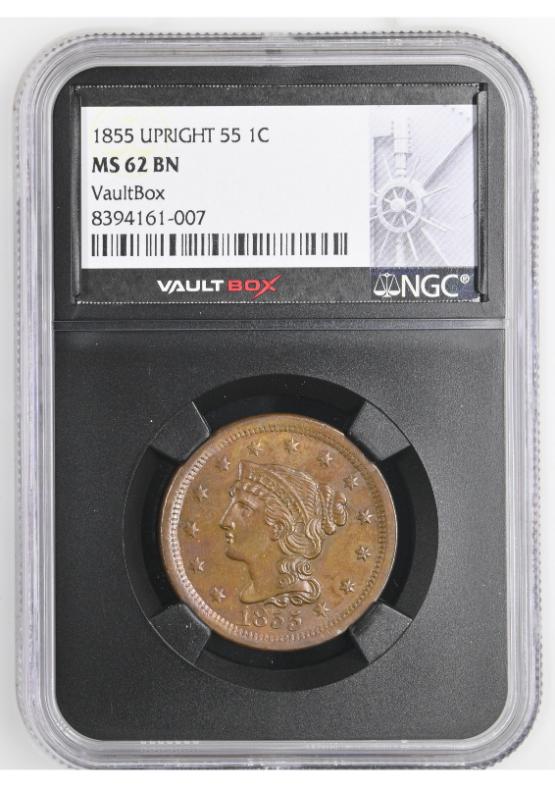 1855 UPRIGHT 55 1C NGC MS62BN FRONT