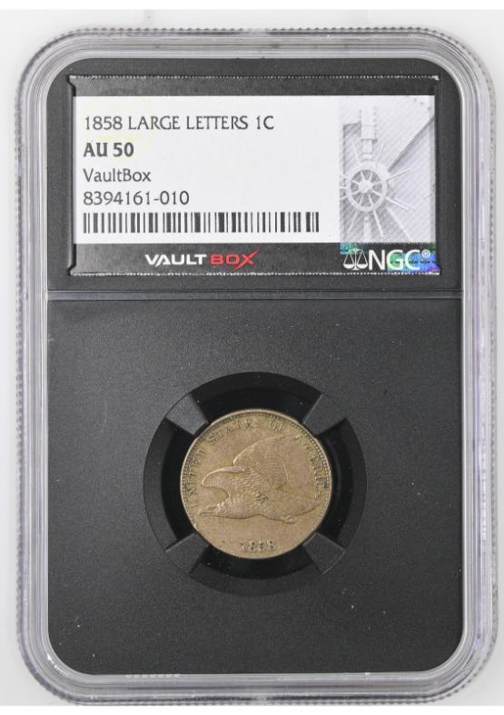 1858 LARGE LETTERS 1C NGC AU50 FRONT