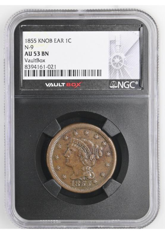 1855 KNOB EAR 1C N-9 NGC AU53BN FRONT