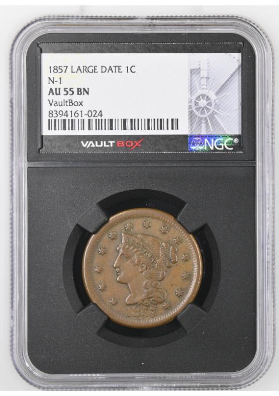 1857 LARGE DATE 1C N-1 NGC AU55BN FRONT