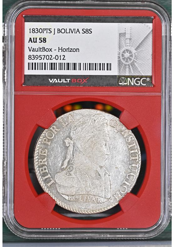 1830PTS J BOLIVIA S8S NGC AU58 FRONT