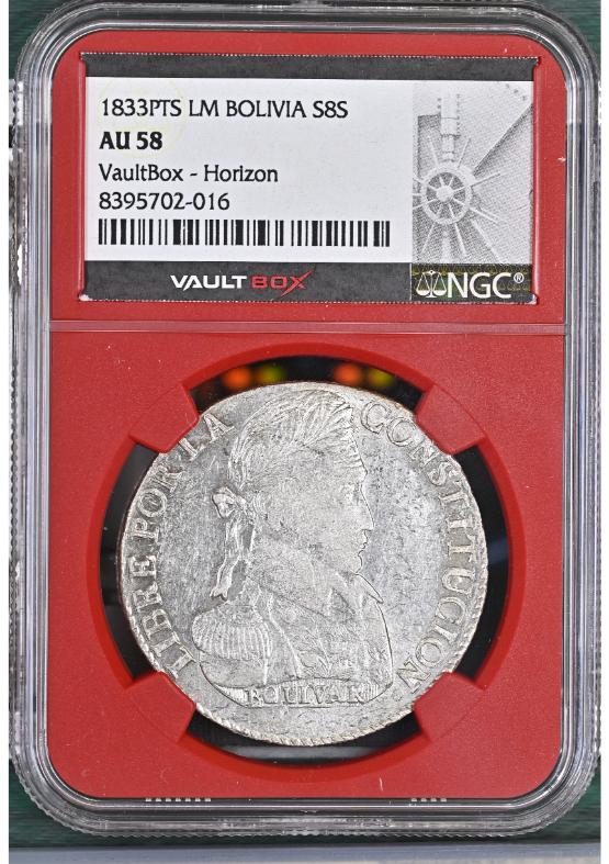 1833PTS LM BOLIVIA S8S NGC AU58 FRONT