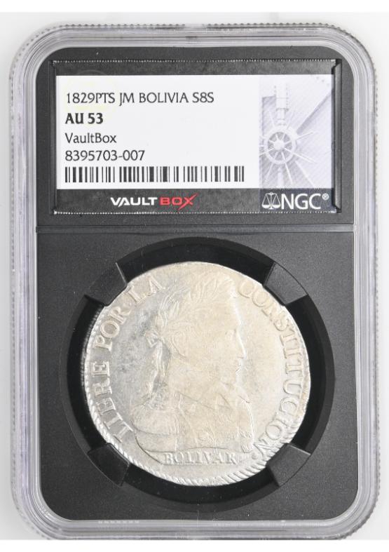 1829PTS JM BOLIVIA S8S NGC AU53 FRONT