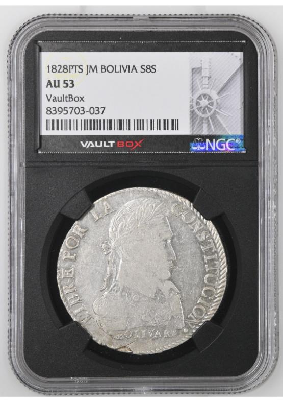 1828PTS JM BOLIVIA S8S NGC AU53 FRONT