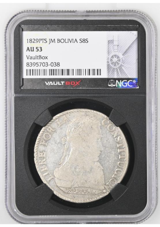 1829PTS JM BOLIVIA S8S NGC AU53 FRONT