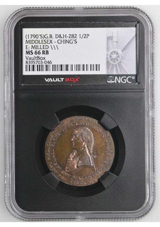 (1790'S)G.B. D&H-282 1/2P MIDDLESEX - CHING'S E: MILLED \ NGC MS66RB FRONT