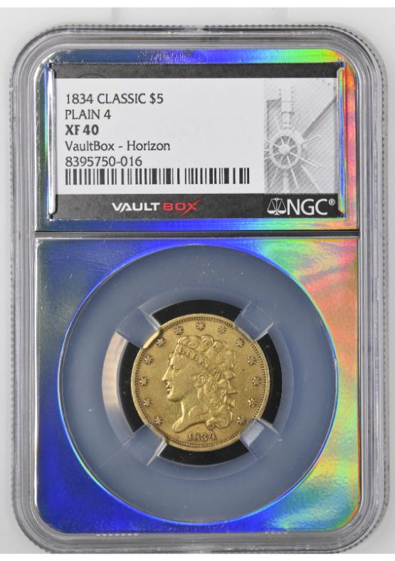 1834 CLASSIC G$5 PLAIN 4 NGC XF40 FRONT