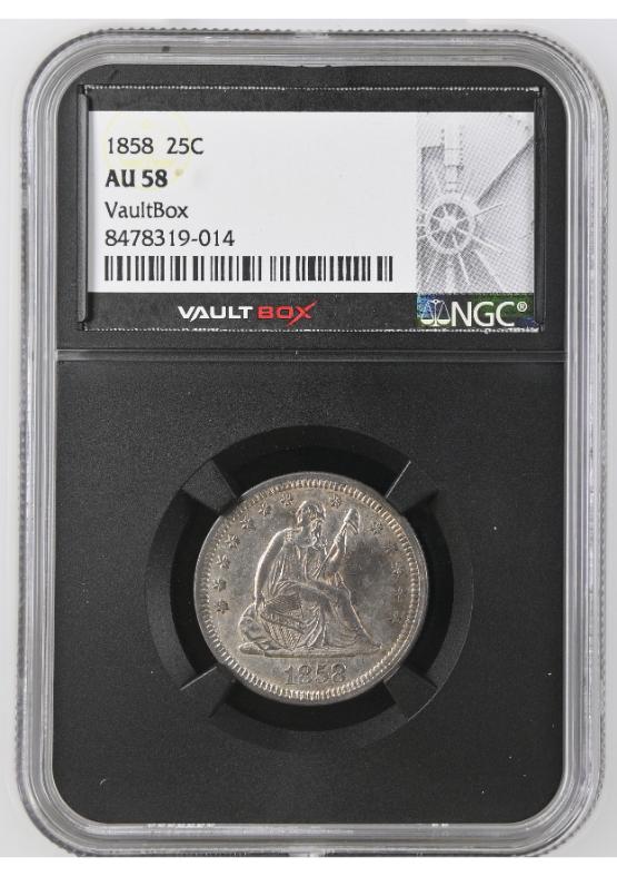 1858 25C NGC AU58 FRONT
