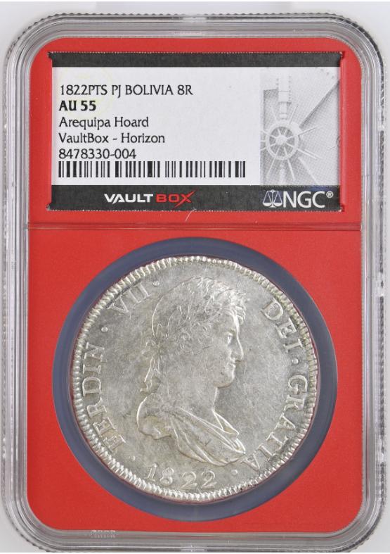 1822PTS PJ BOLIVIA 8R AREQUIPA HOARD NGC AU55 FRONT