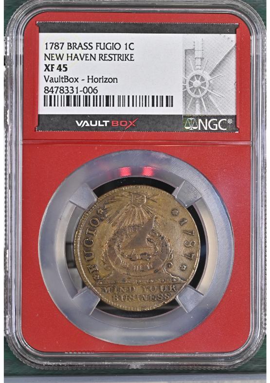 1787 BRASS FUGIO 1C NEW HAVEN RESTRIKE NGC XF45 FRONT