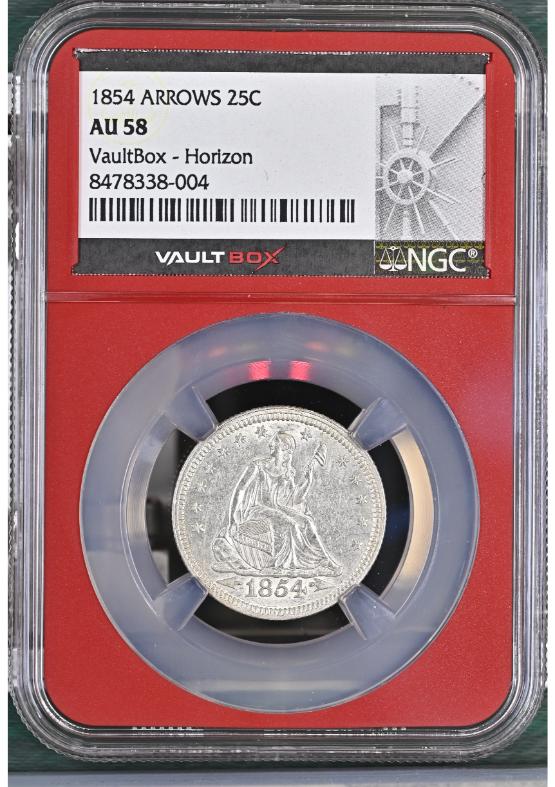 1854 ARROWS 25C NGC AU58 FRONT