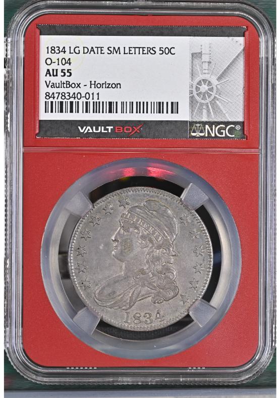 1834 LG DATE SM LETTERS 50C O-104 NGC AU55 FRONT