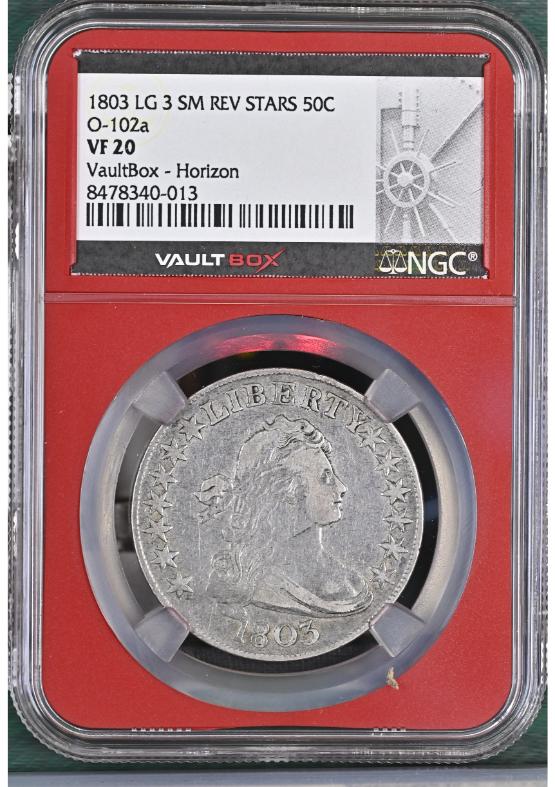 1803 LG 3 SM REV STARS 50C O-102A NGC VF20 FRONT