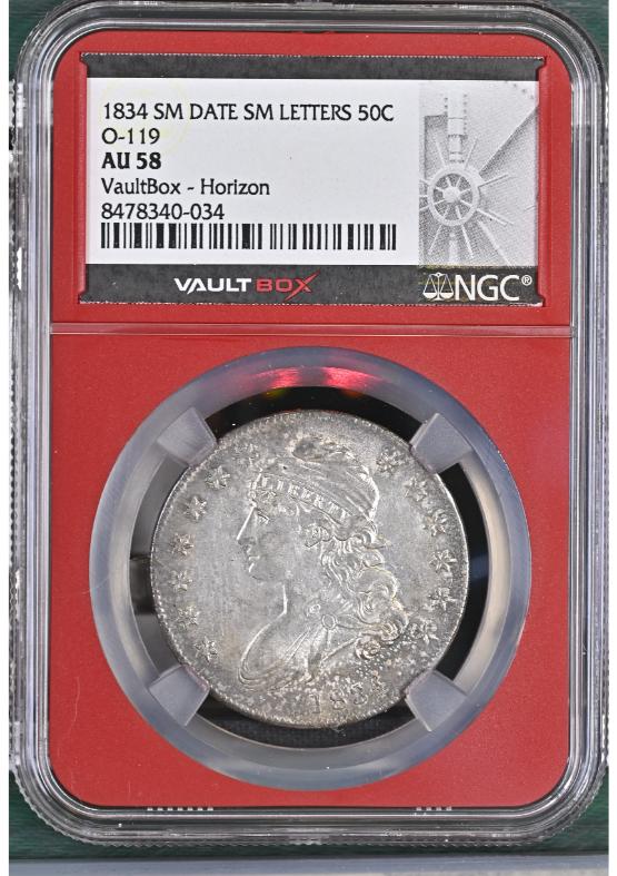 1834 SM DATE SM LETTERS 50C O-119 NGC AU58 FRONT