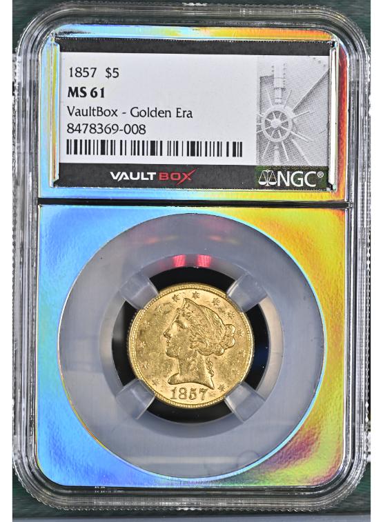 1857 G$5 NGC MS61 FRONT
