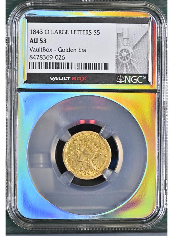 1843-O LARGE LETTERS G$5 NGC AU53 FRONT