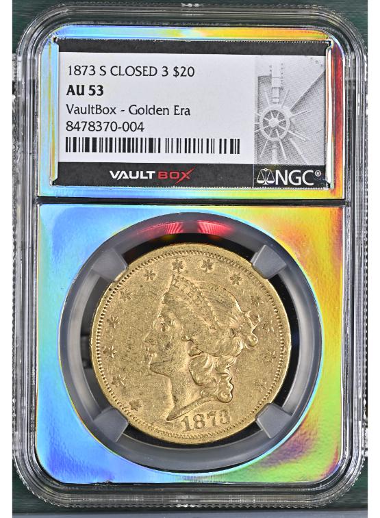 1873-S CLOSED 3 G$20 NGC AU53 FRONT