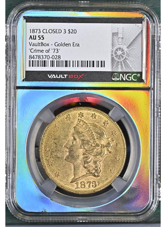 1873 CLOSED 3 G$20 CRIME OF '73 NGC AU55 FRONT