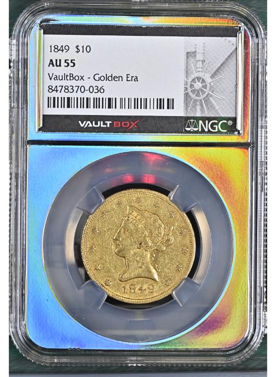1849 G$10 NGC AU55 FRONT