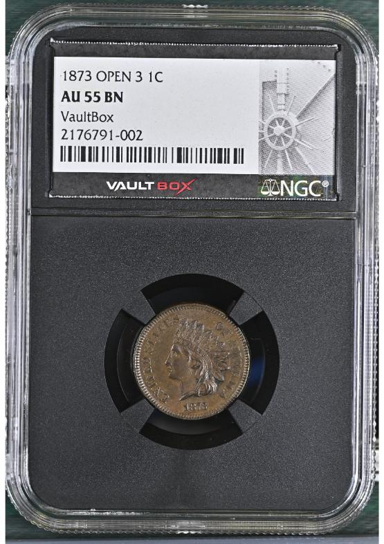 1873 OPEN 3 1C NGC AU55BN FRONT