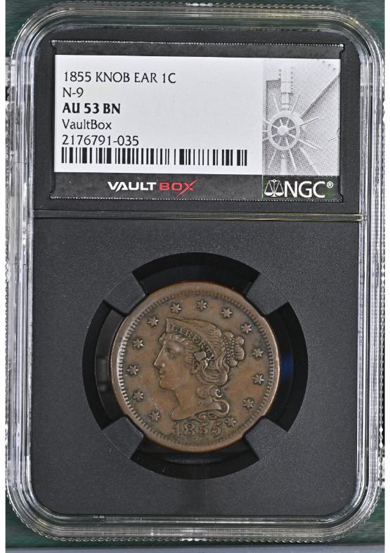 1855 KNOB EAR 1C N-9 NGC AU53BN FRONT