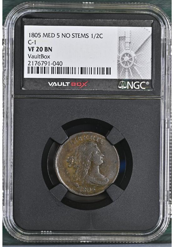 1805 MED 5 NO STEMS 1/2C C-1 NGC VF20BN FRONT