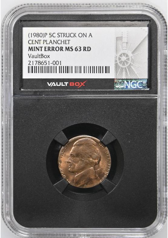 (1980)P 5C STRUCK ON A CENT PLANCHET NGC MINT ERROR MS63 FRONT