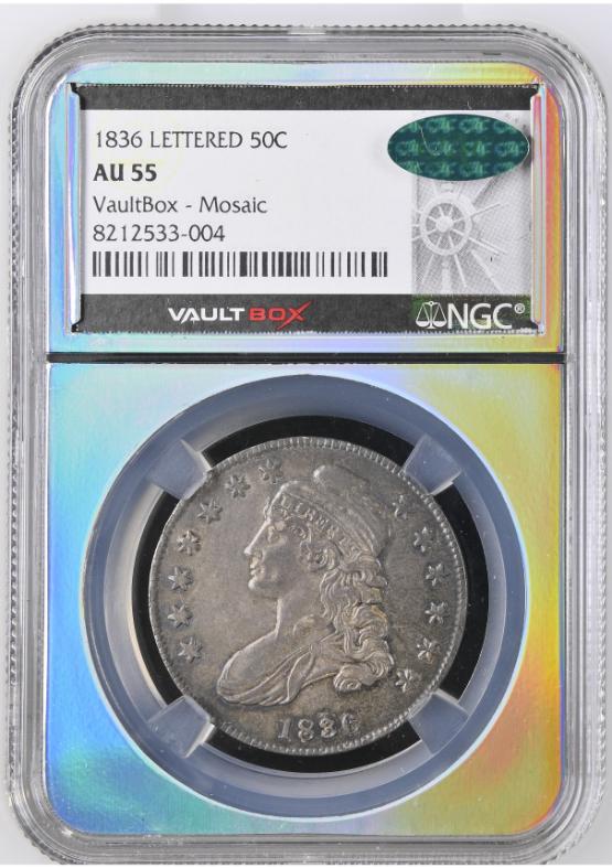 1836 LETTERED 50C NGC AU55 CAC FRONT
