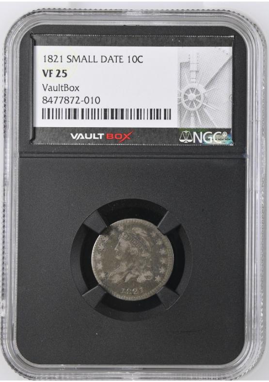 1821 SMALL DATE 10C NGC VF25 FRONT