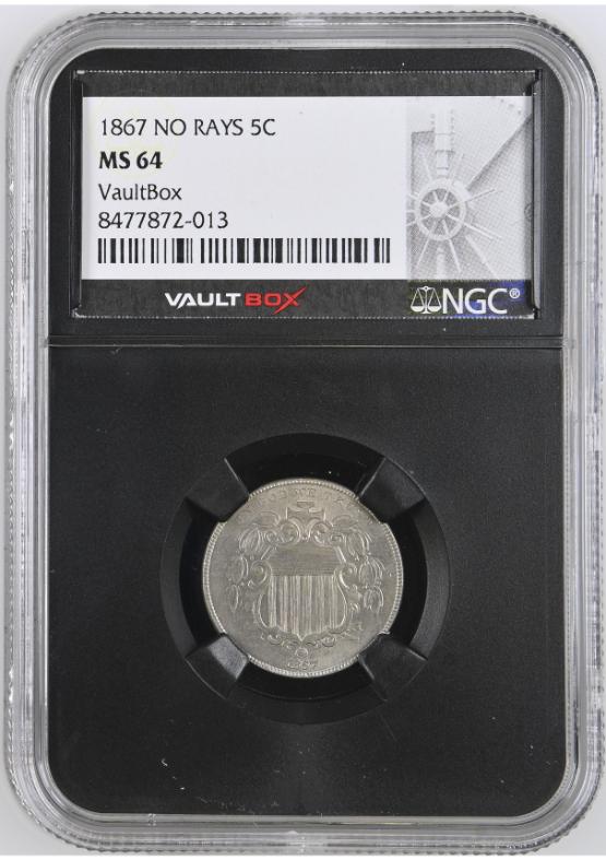 1867 NO RAYS 5C NGC MS64 FRONT