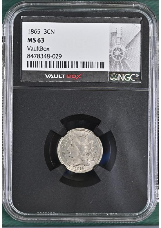 1865 3CN NGC MS63 FRONT