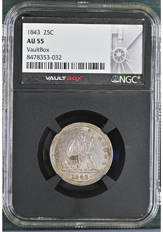 1843 25C NGC AU55 FRONT