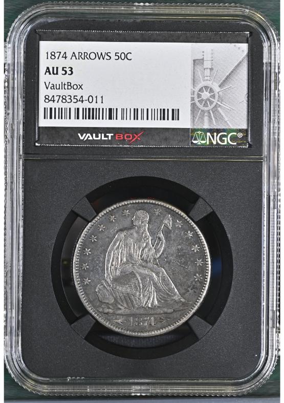 1874 ARROWS 50C NGC AU53 FRONT