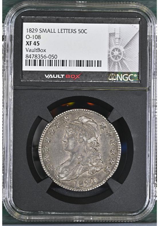 1829 SMALL LETTERS 50C O-108 NGC XF45 FRONT