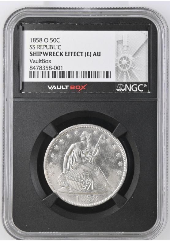 1858-O 50C SS REPUBLIC NGC SHIPWRECK EFFECT (E) AU FRONT