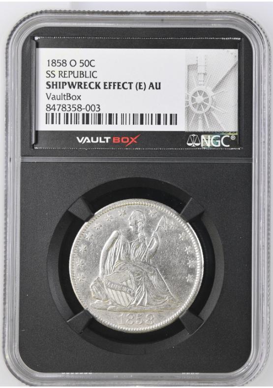 1858-O 50C SS REPUBLIC NGC SHIPWRECK EFFECT (E) AU FRONT