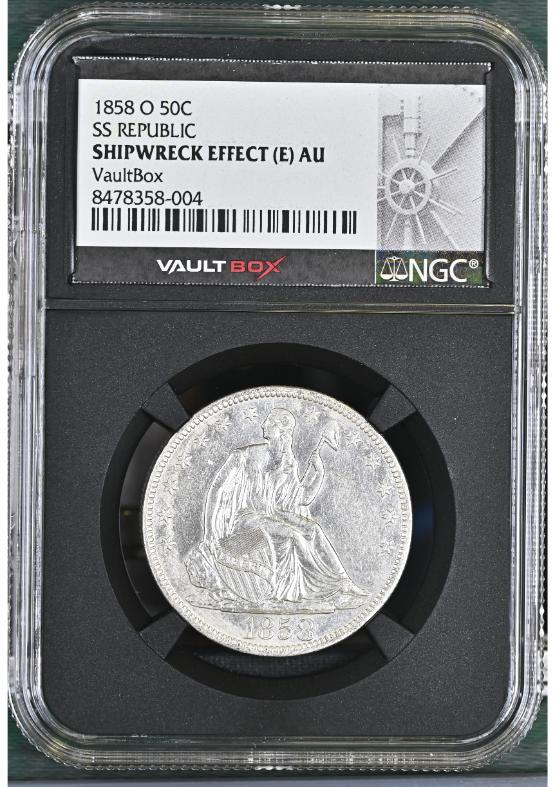 1858-O 50C SS REPUBLIC NGC SHIPWRECK EFFECT (E) AU FRONT