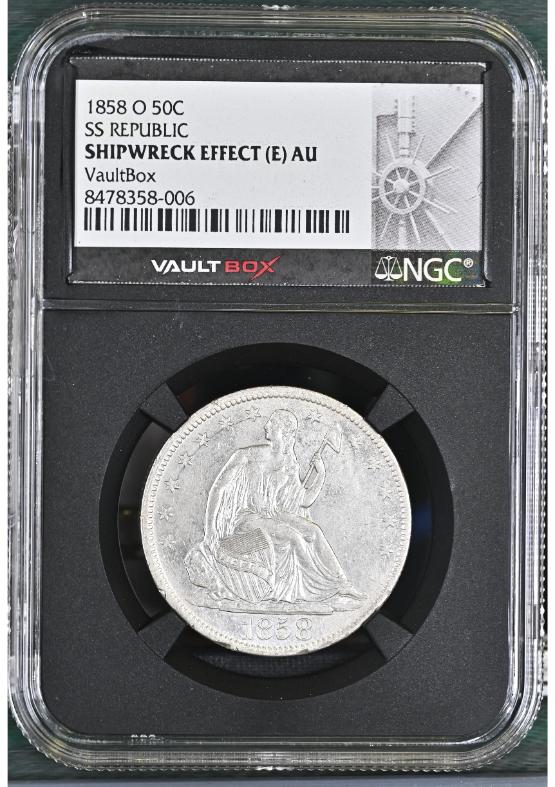 1858-O 50C SS REPUBLIC NGC SHIPWRECK EFFECT (E) AU FRONT