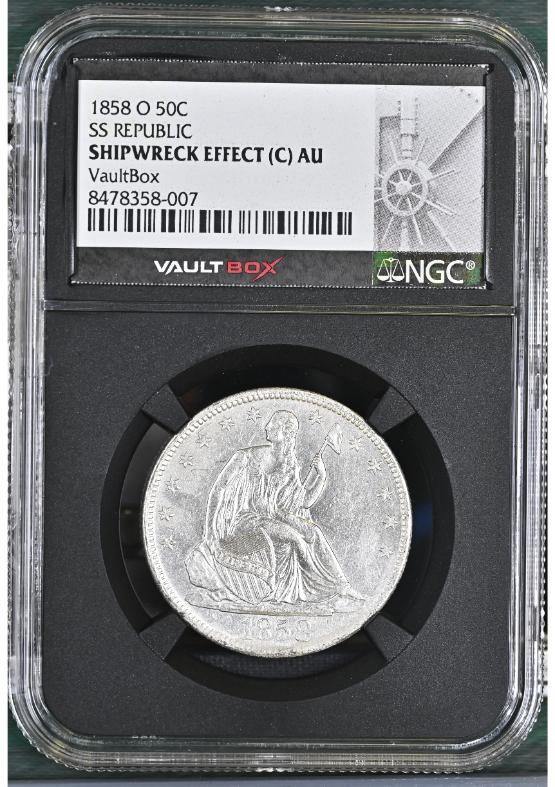1858-O 50C SS REPUBLIC NGC SHIPWRECK EFFECT (C) AU FRONT