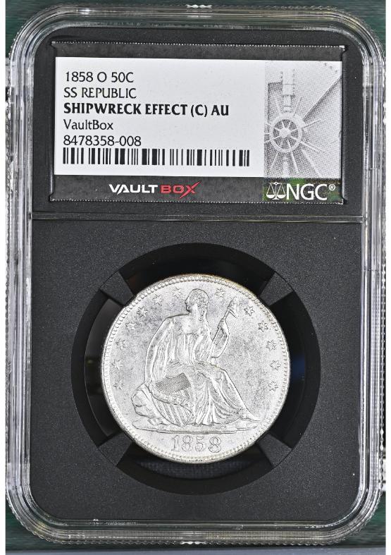 1858-O 50C SS REPUBLIC NGC SHIPWRECK EFFECT (C) AU FRONT